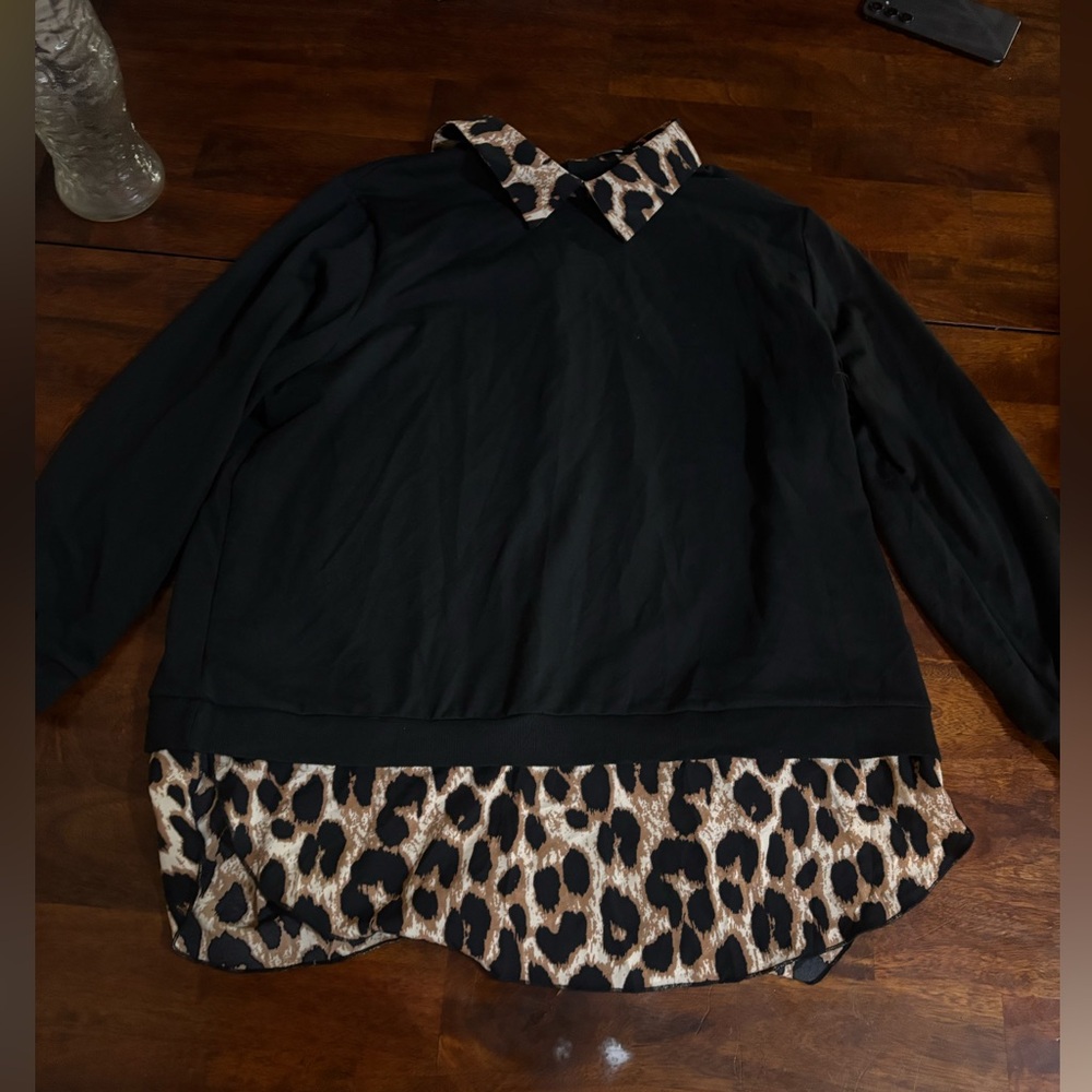 Black Long Sleeve Top with Leopard Print Accents